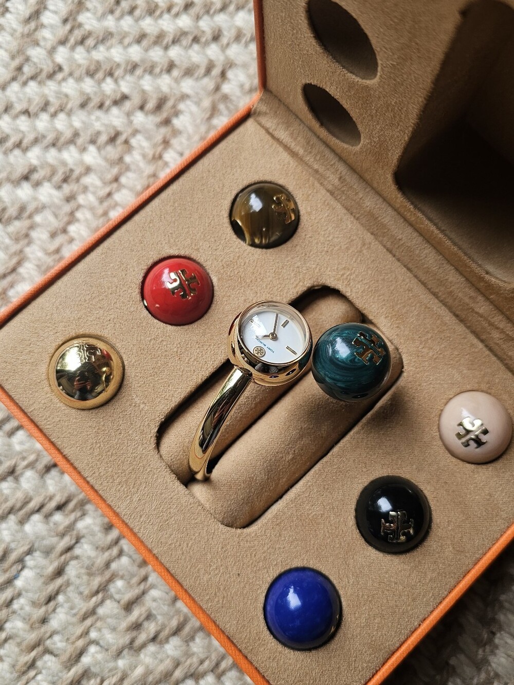 Tory Burch Gold Bangle Watch with Interchangeable Multicolor Buttons